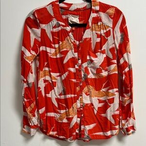 Anthropologie Conversations Bright Orange Red Crane Print Button Down Shirt XS 0